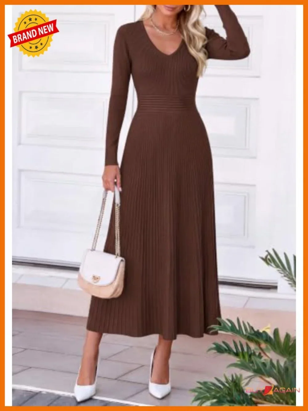 V Neck Pleated Midi Sweater Dress Long Sleeve Knit A Line Fall